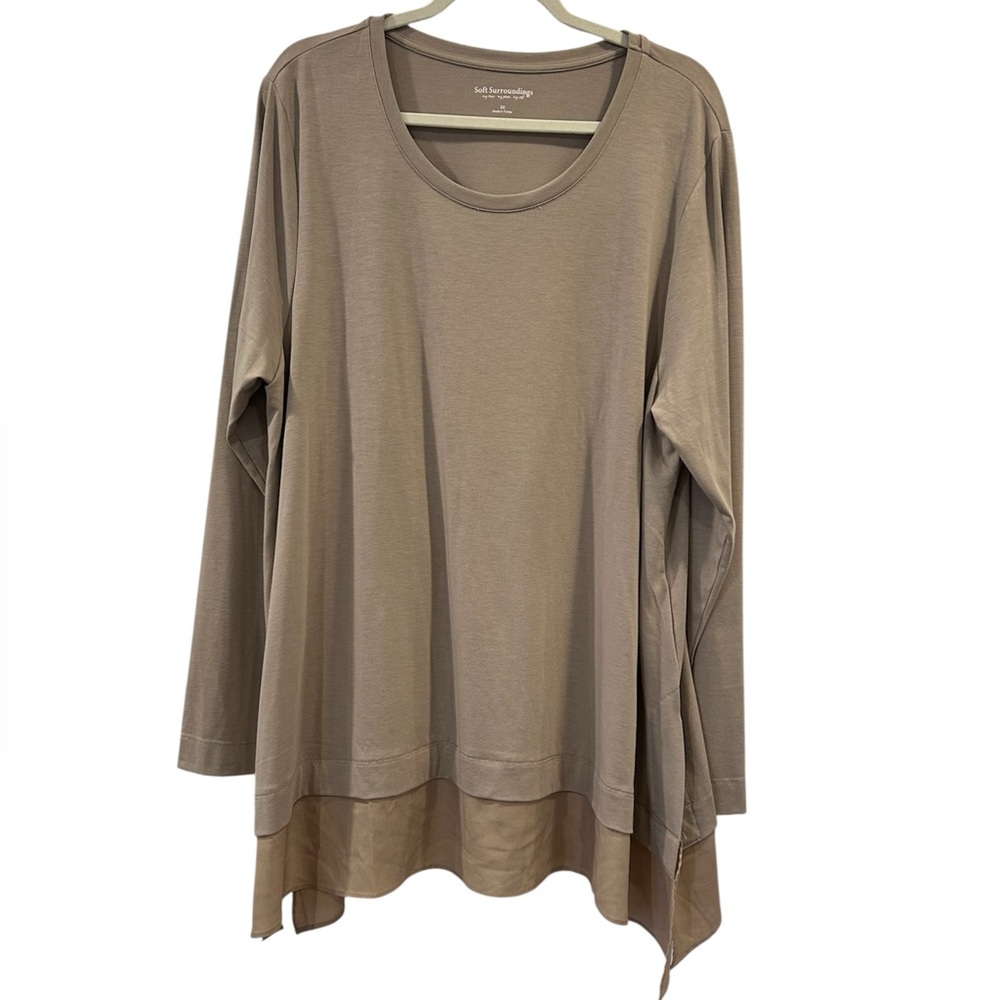 Soft Surroundings Stone Tan Beige Tunic Shirt w/ Sheer Hem Plus 2X Style# 2dq65